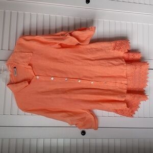 LUNGO L'Arno Women's Linen Button Down Crochet Asymmetrical Blouse Size M